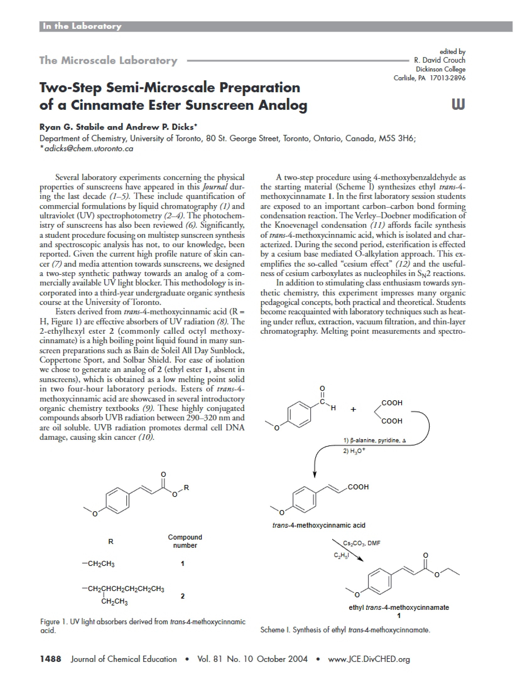 Cinnamate Ester Sunscreen Analog Semi-Microscale Two-Step Preparation