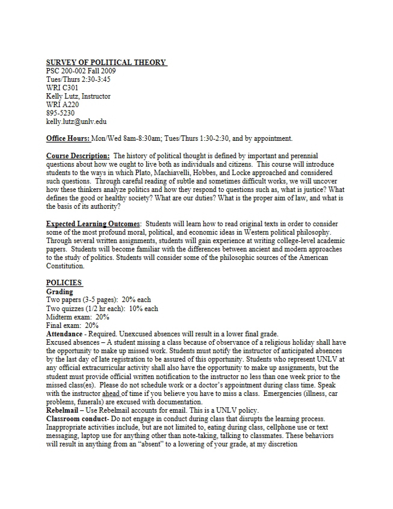 Class Syllabus Survey of Political Theory
