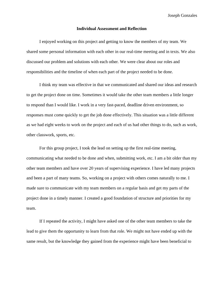 Week 8 Reflection and Individual Assessment