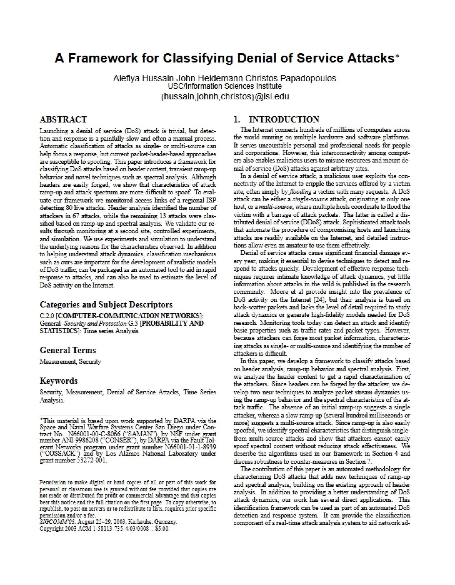 Classifying Denial of Service Attacks A Framework
