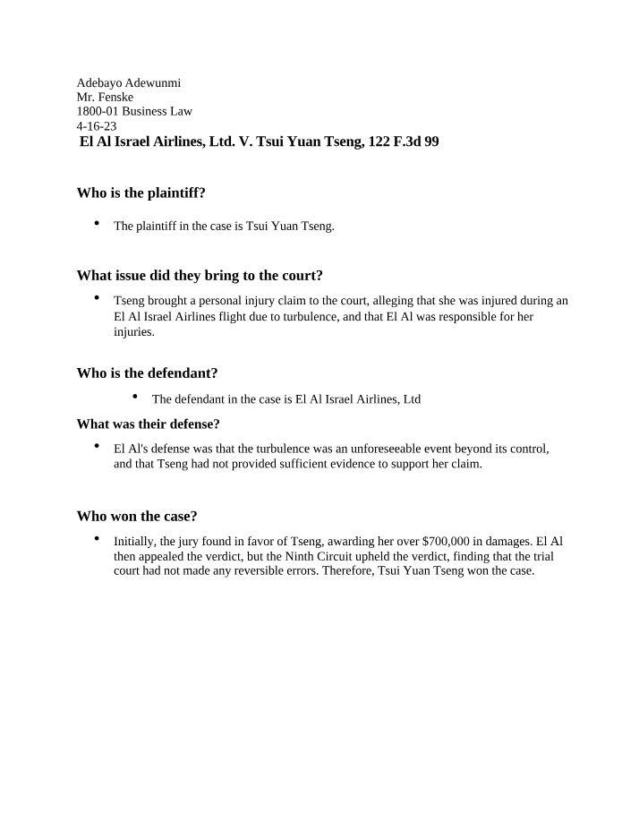 Case Summary - El Al Israel Airlines, Ltd. v. Tsui Yuan Tseng