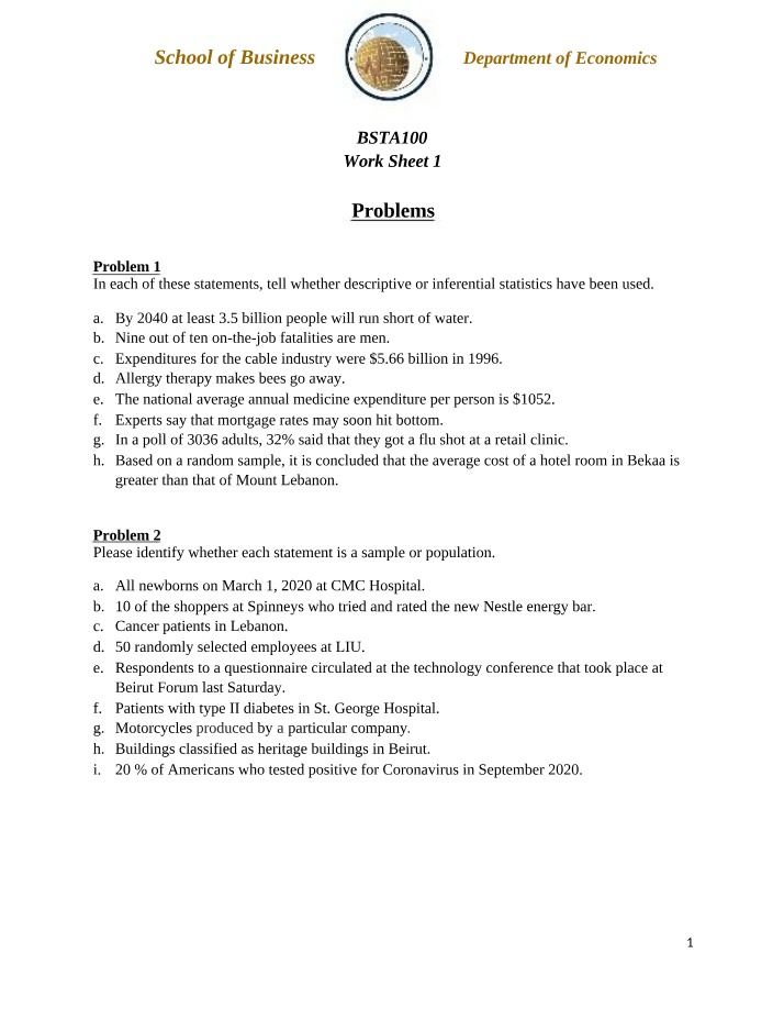 Worksheet on Descriptive vs. Inferential Statistics