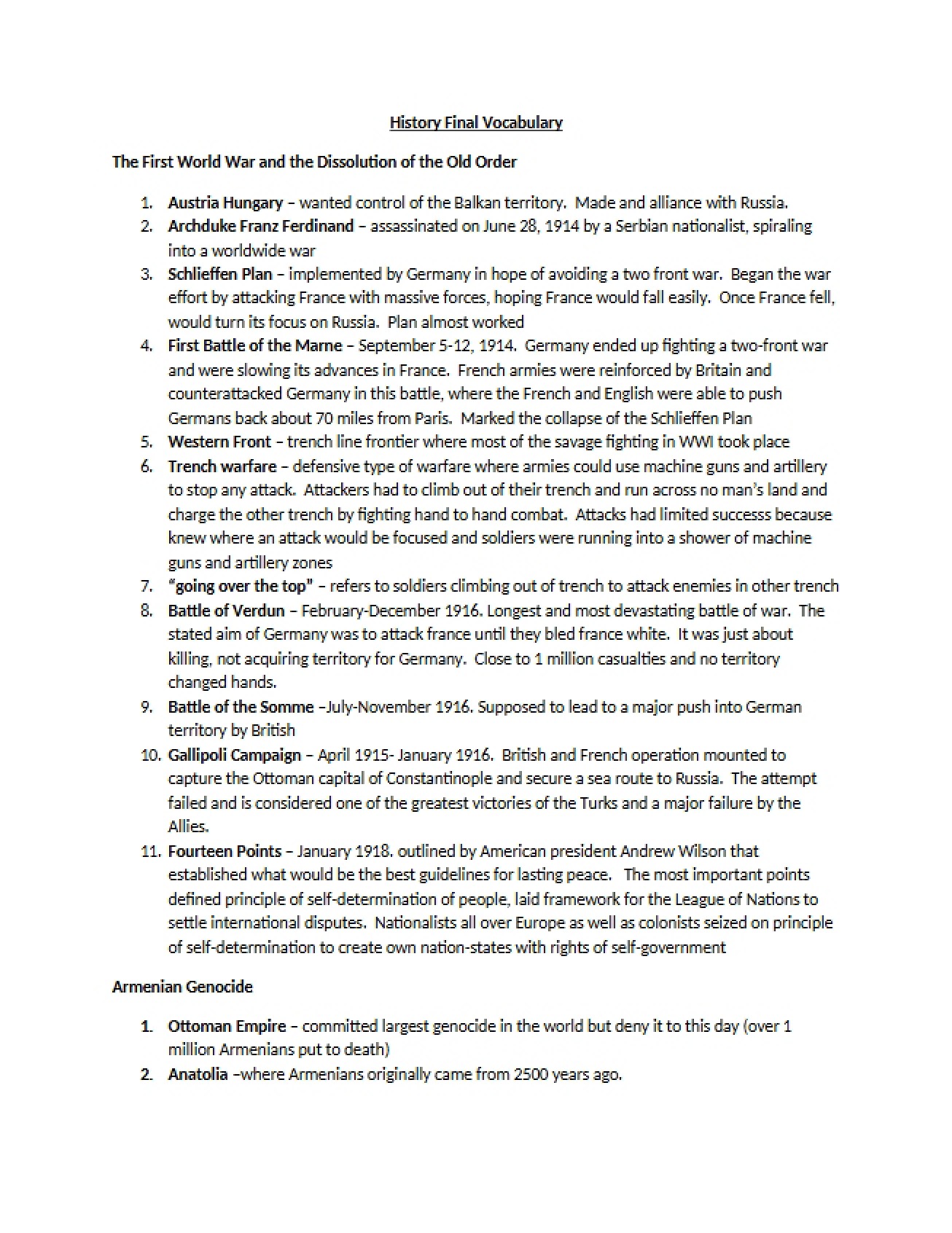 Vocabulary List for the Modern History Final Exam