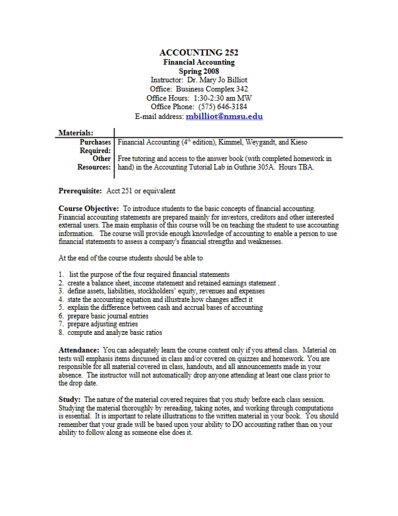 Financial Accounting Syllabus - Spring 2008 - Dr. Mary Jo Billiot