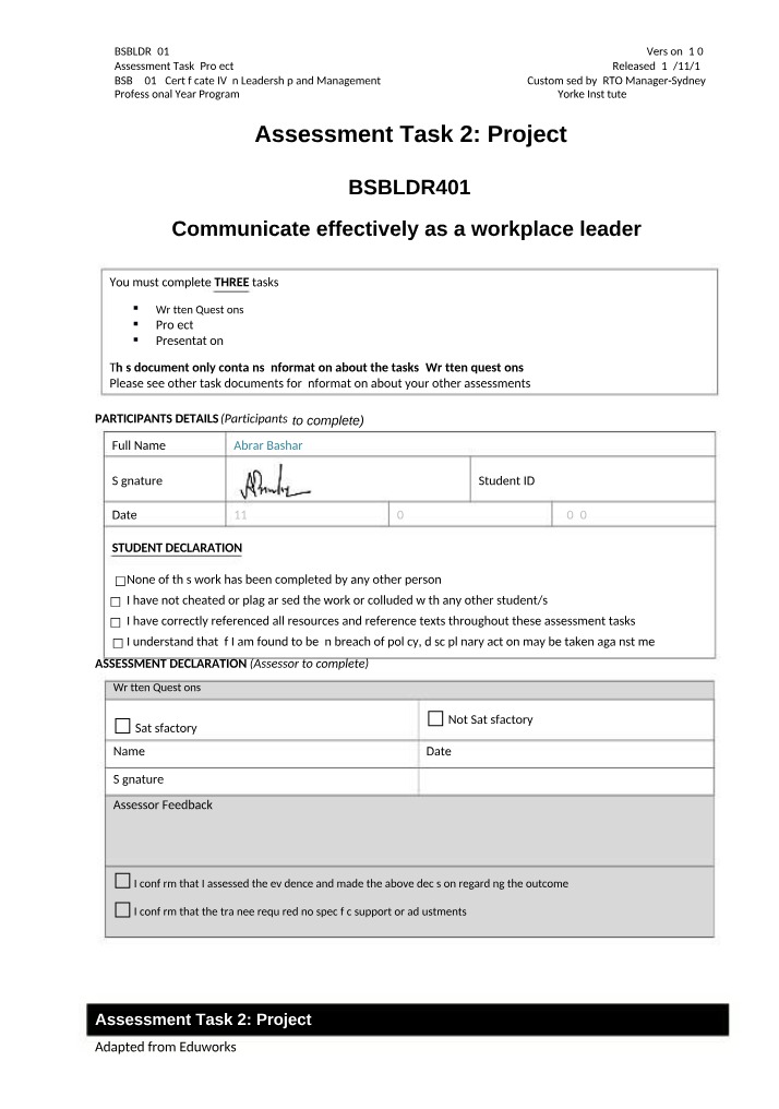 BSBLDR401 Project Assessment Task