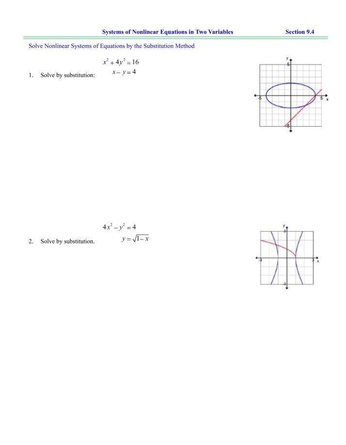 Nonlinear Systems of Equations - Substitution and Addition Methods