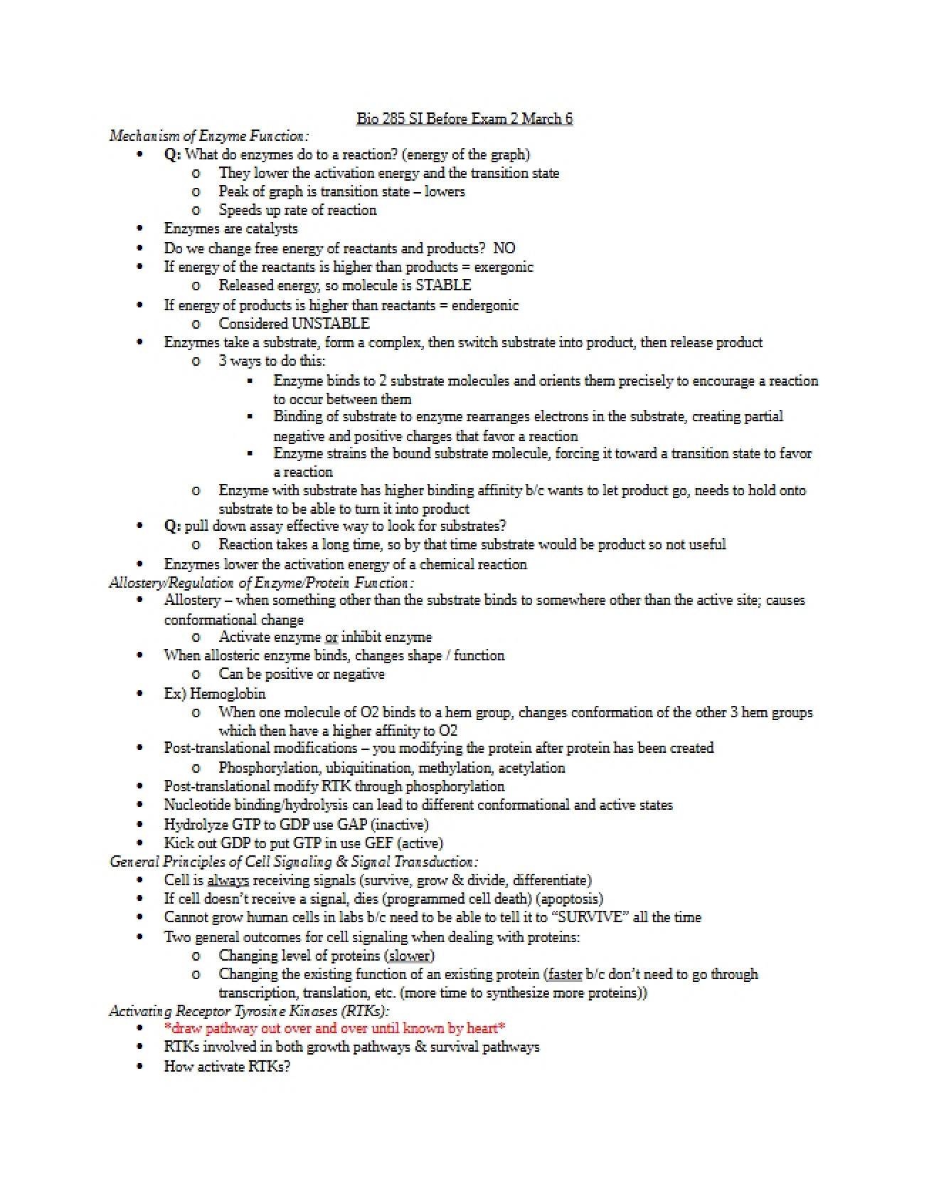 Supplemental Instruction Pre-Exam Two (Bio 285)