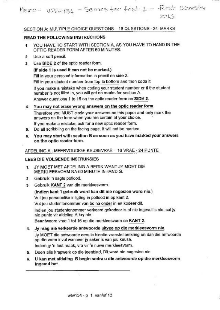 2015 First Semester Test 1 - WTW134