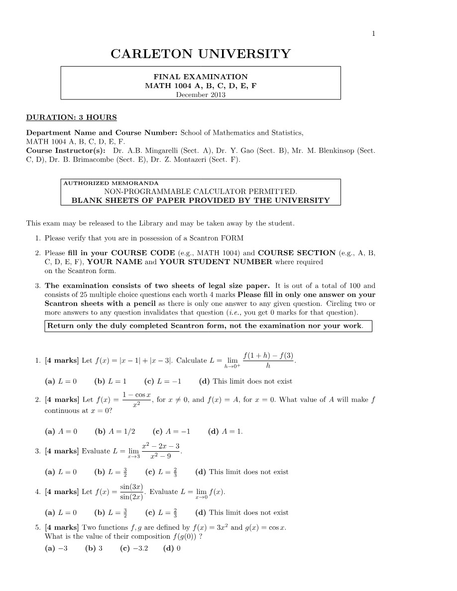 December 2013 Final Examination - MATH 1004