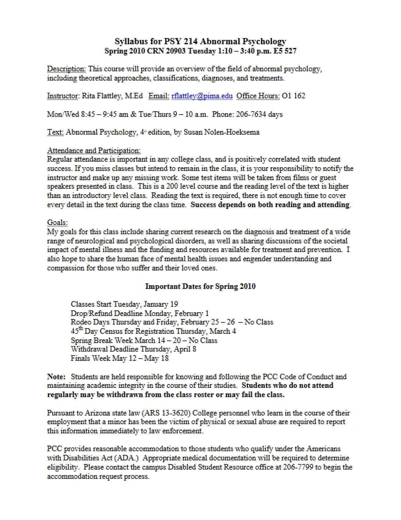 Syllabus for Abnormal Psychology