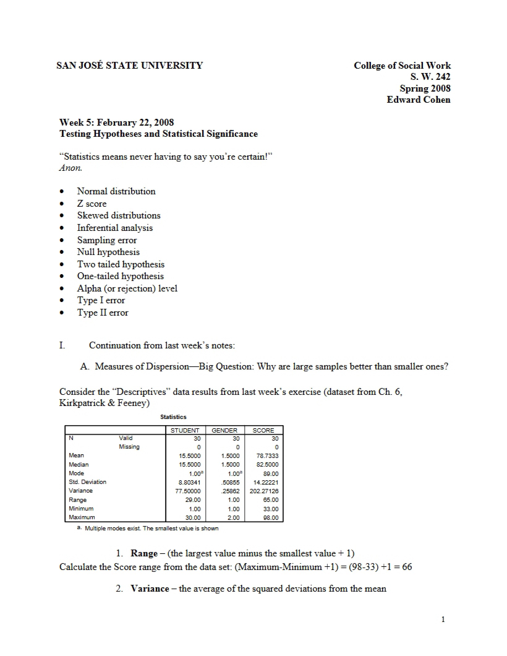 Hypothesis Testing and Significance (Week 5)