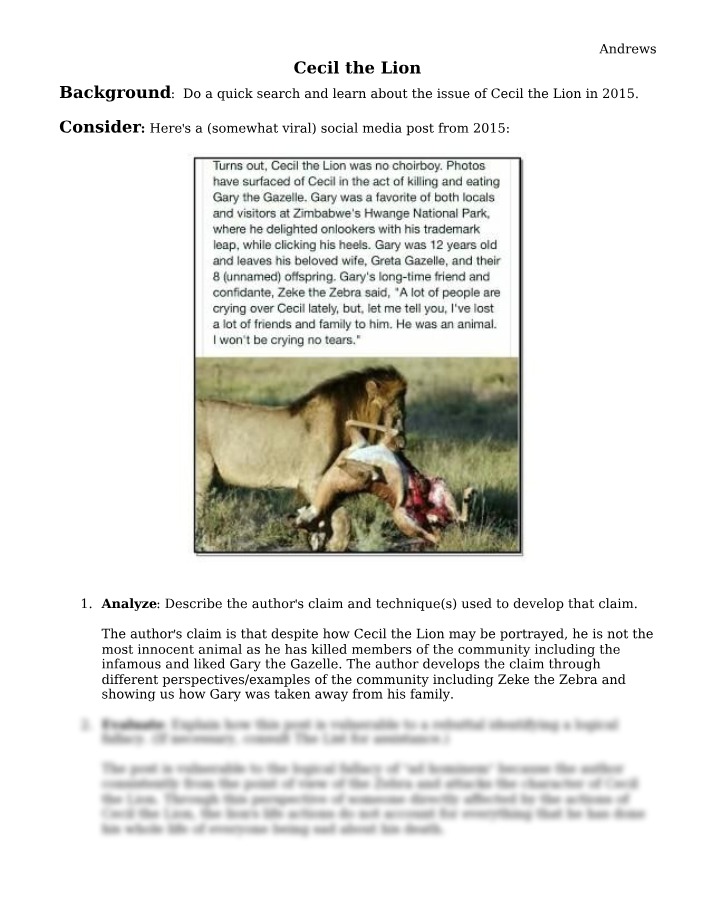 Analyzing Technique and Claims in Cecil the Lion