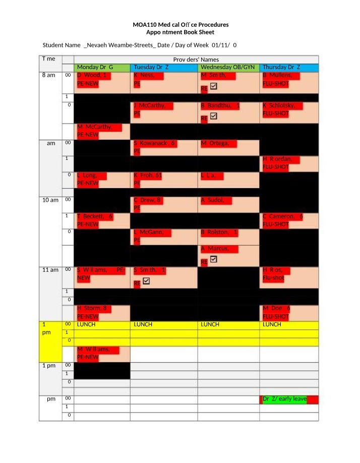 Medical Office Procedures - Appointment Book Sheet