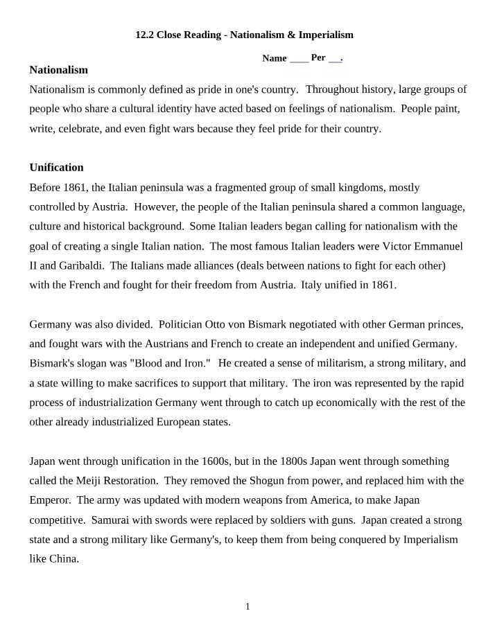 Nationalism and Imperialism - Close Reading