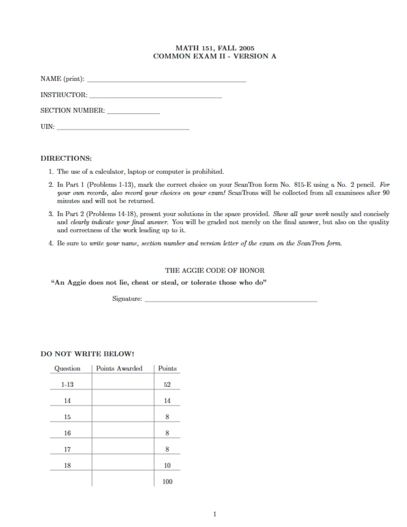 Examination Two, Version A