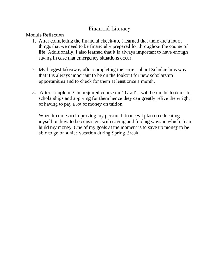 Financial Literacy Reflection and Scholarship Certificate