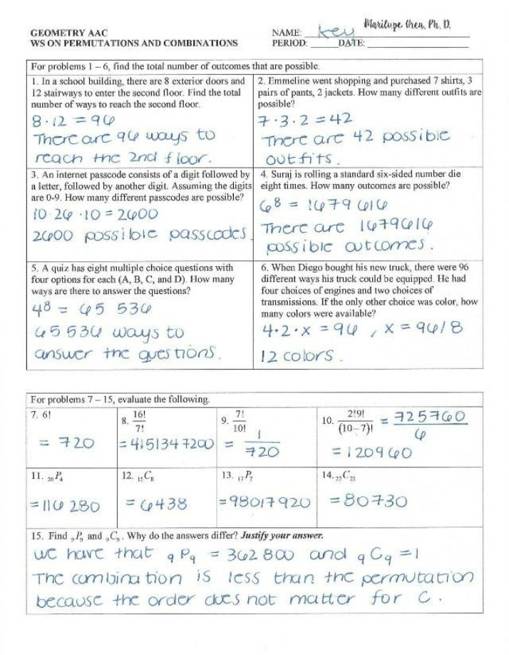Probability, Permutations, and Combinations Answer Key
