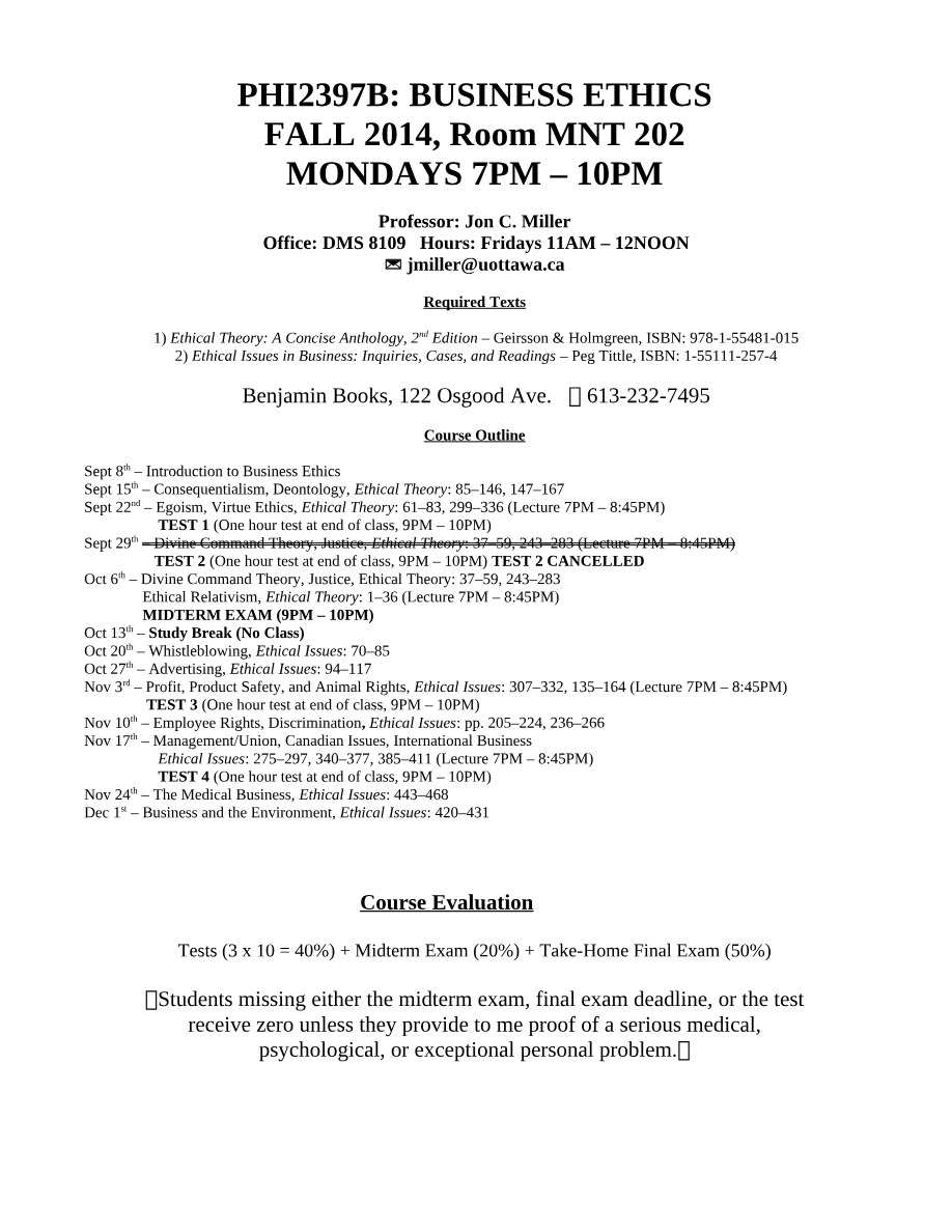 Midterm Exam and Course Outline - PHI2397B Fall 2014