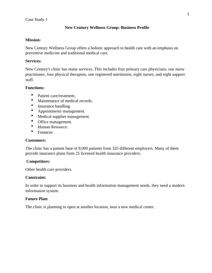 Case Study 1 - New Century Wellness Group Business Profile