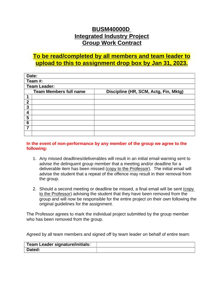 Group Work Contract for Integrated Industry Project