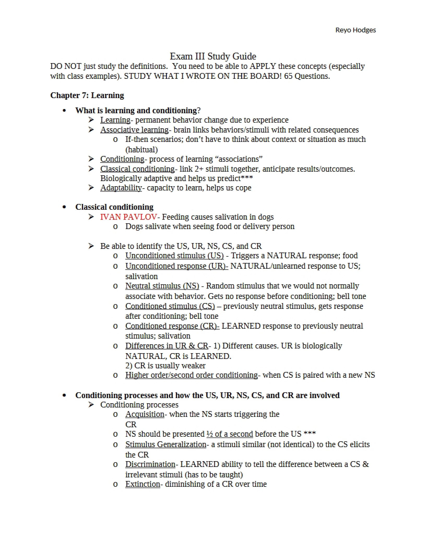 Study Guide for Exam Three