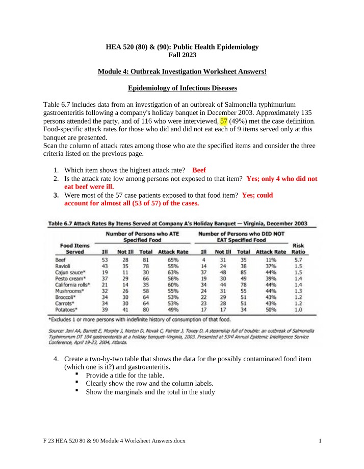 Answers for Outbreak Investigation Worksheet