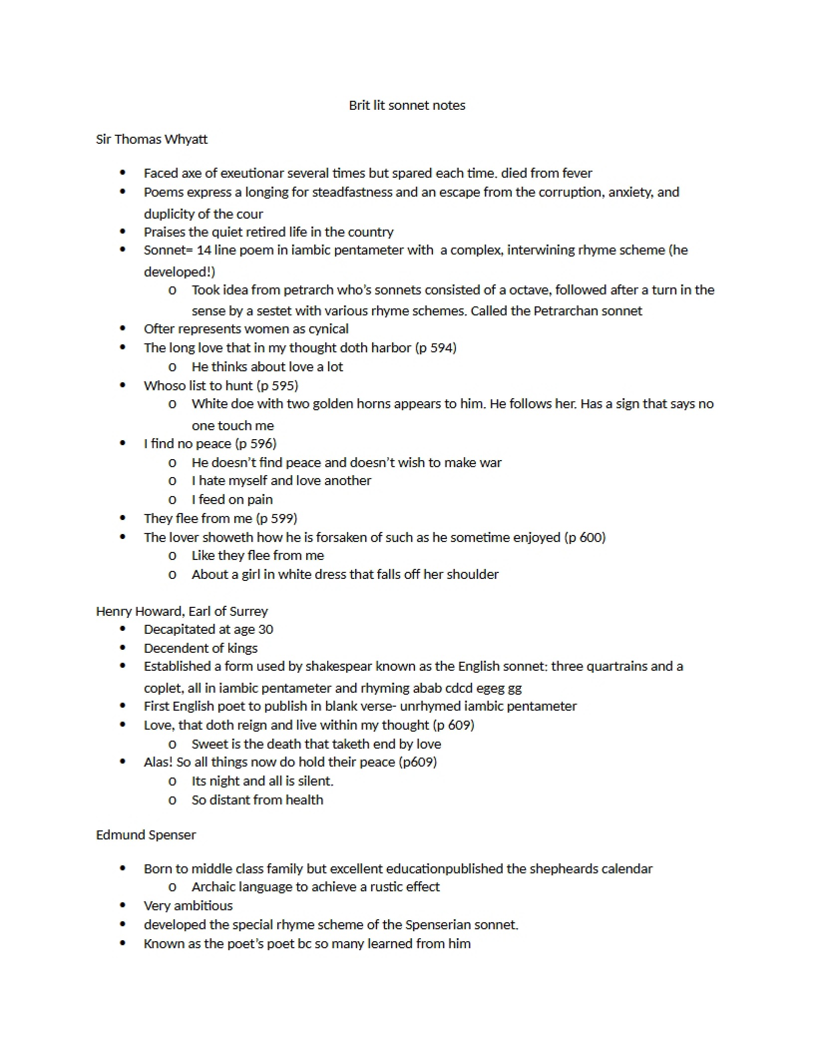 Notes on British Literature Sonnets