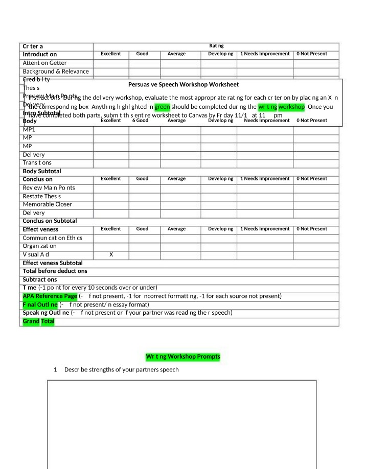 Persuasive Speech Workshop Worksheet A