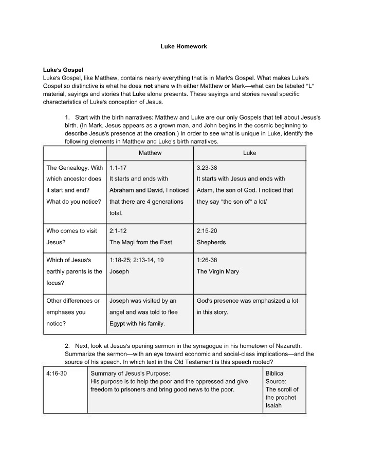 Luke's Gospel Homework - Unique Sayings and Stories of Jesus