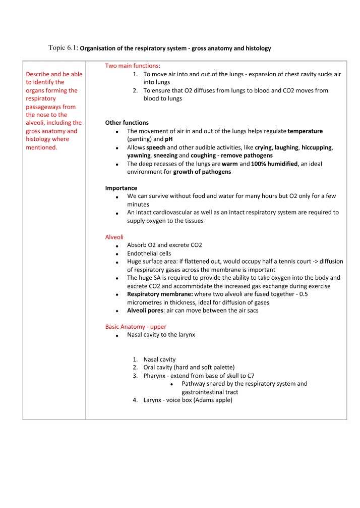 Respiratory System - Gross Anatomy and Histology Notes