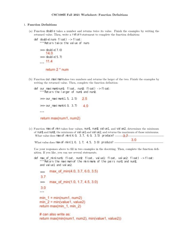 Worksheet on Function Definitions - Double, Maximum, and Maximum of Minimums