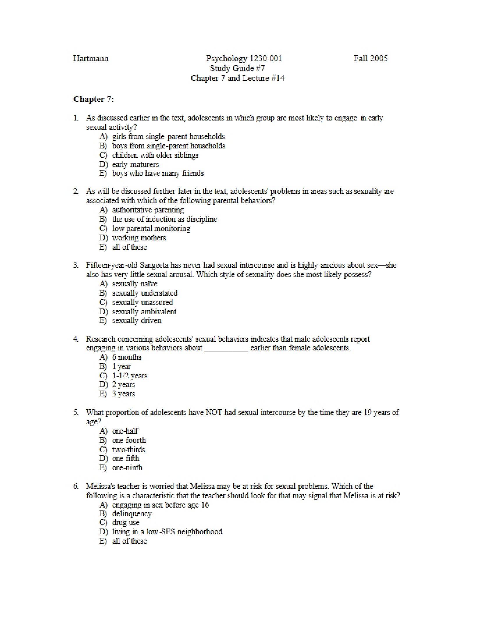 Study Guide for Adolescent Psychology - PSY 1230