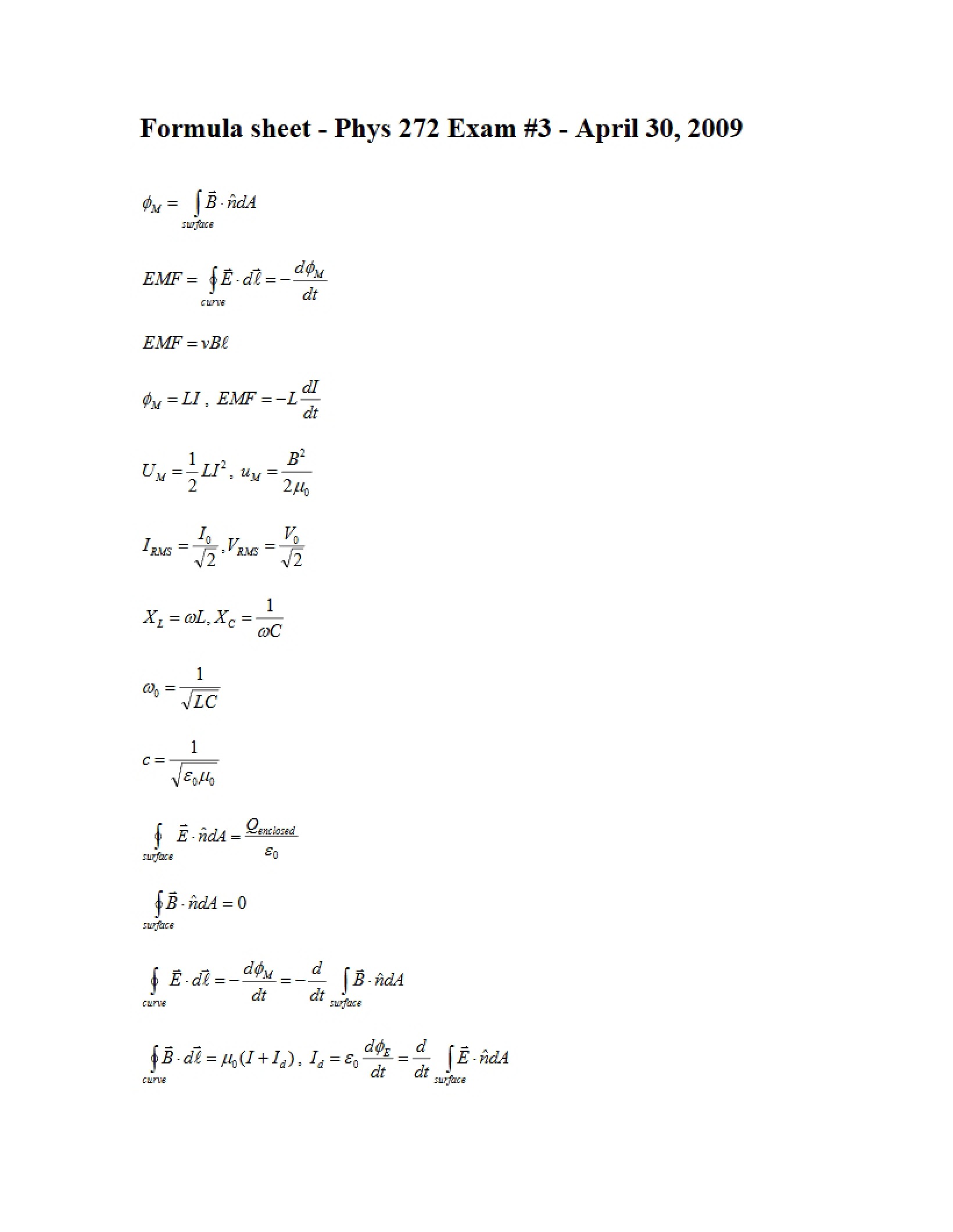 Formula Sheet for Exam Three