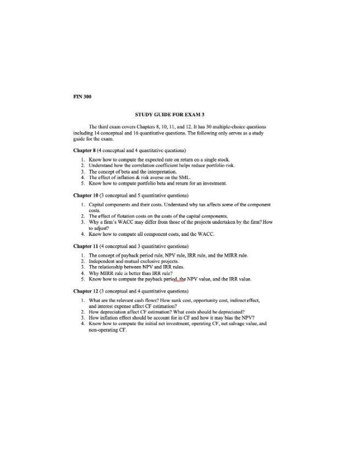 Exam 3 Study Guide for FIN 300