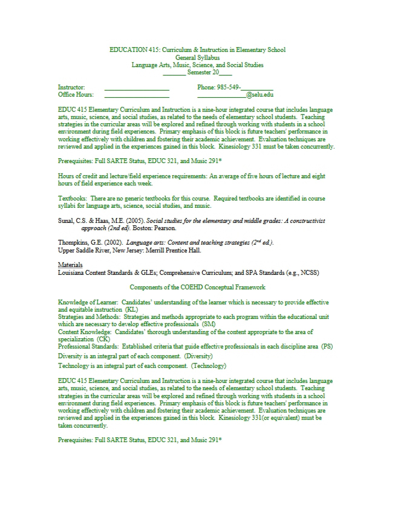 Syllabus for a Curriculum and Instruction in the Elementary School Course