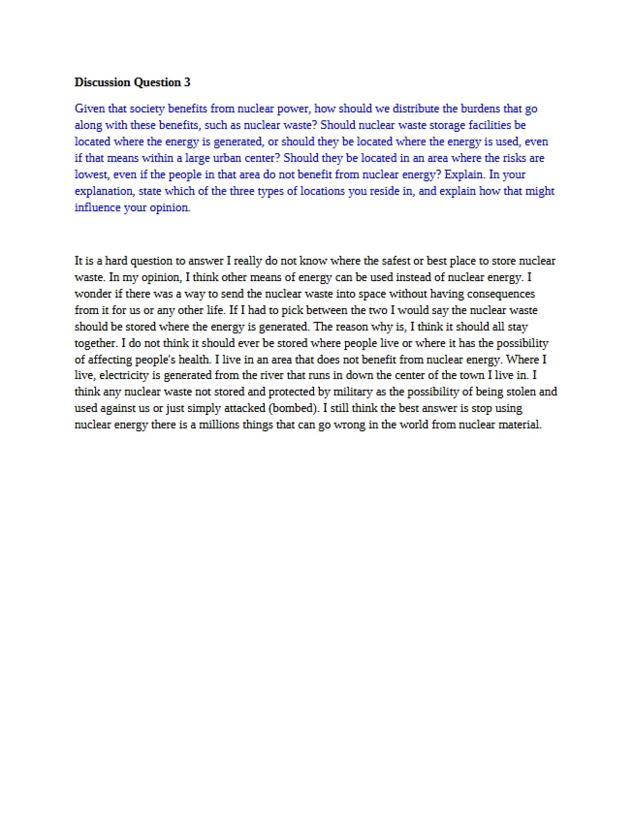 Question Three for Discussion - Environmental Issues and Ethics