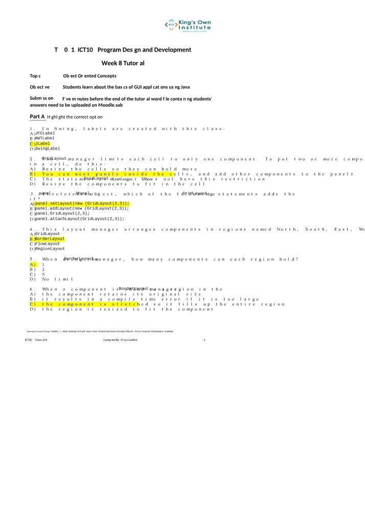 Week 8 Tutorial - ICT104 Program Design and Development