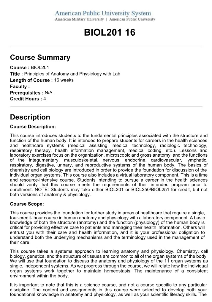 Course Summary and Scope for Principles of Anatomy and Physiology