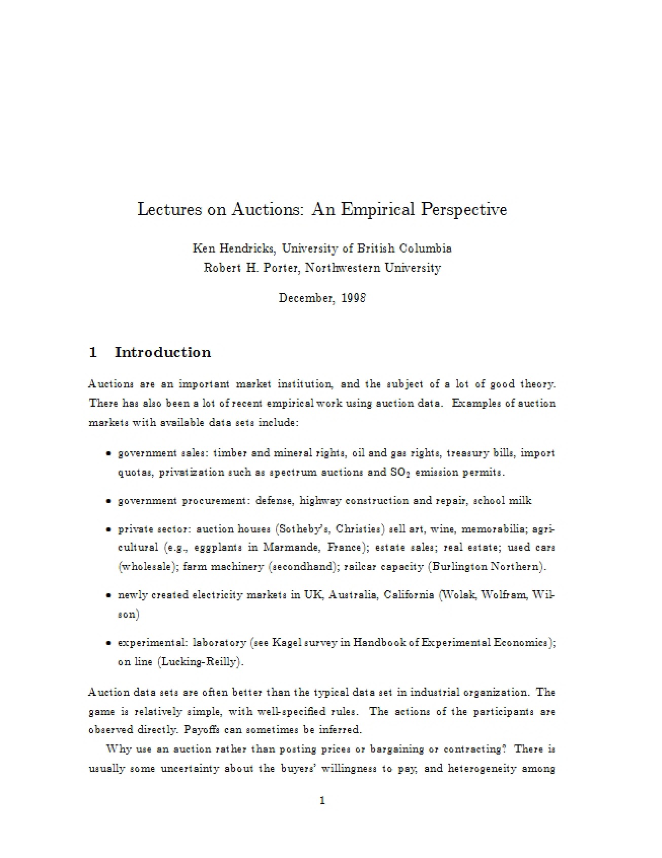 Set of Teaching Notes by Hendricks and Porter