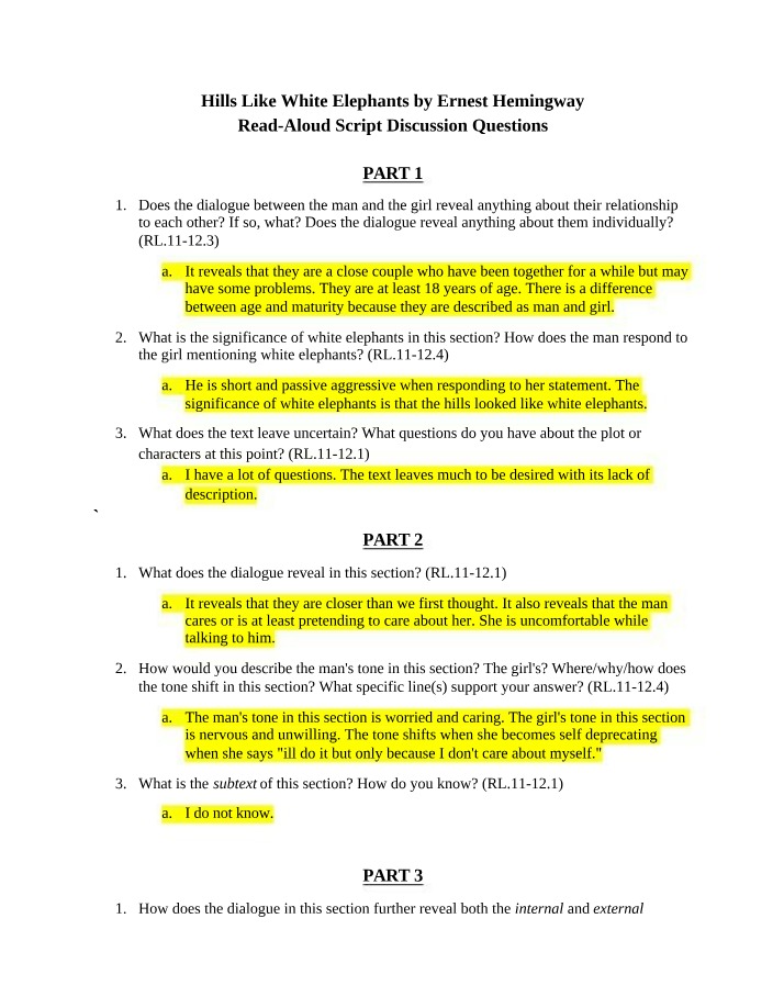 Discussion Questions for Hills Like White Elephants
