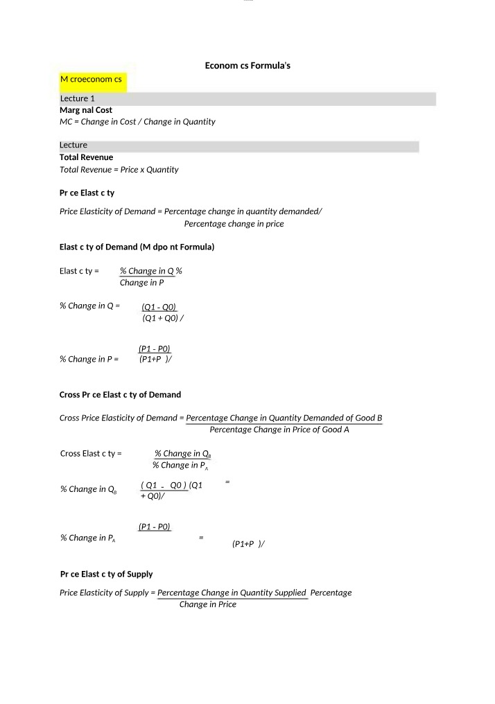 Formulas for Economics