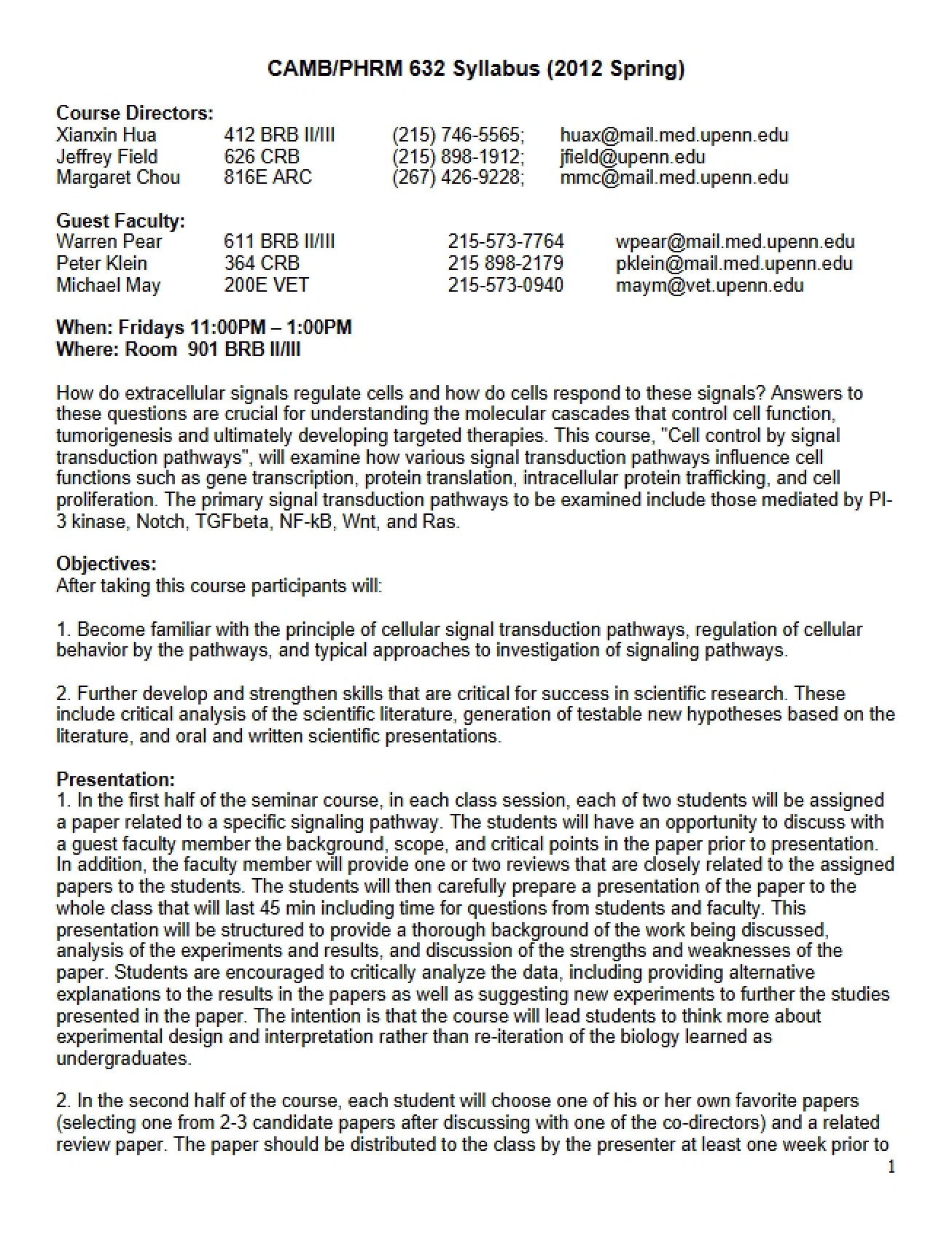 Signal Transduction Pathways Syllabus