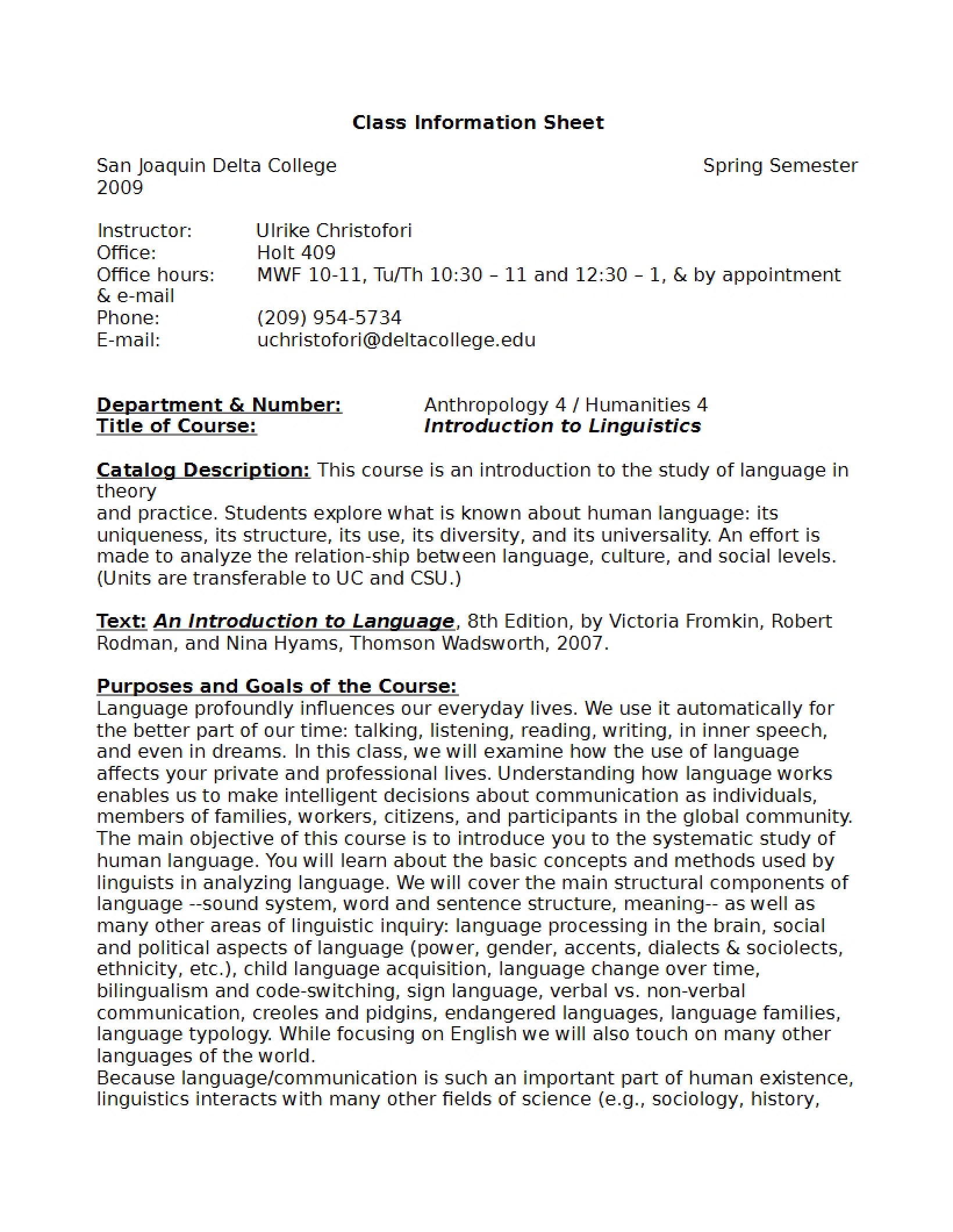 Linguistics Class Info Sheet