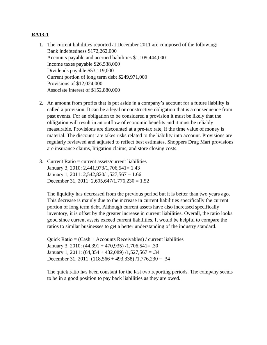 Financial Ratios Analysis - RA13-1 and RA14-1