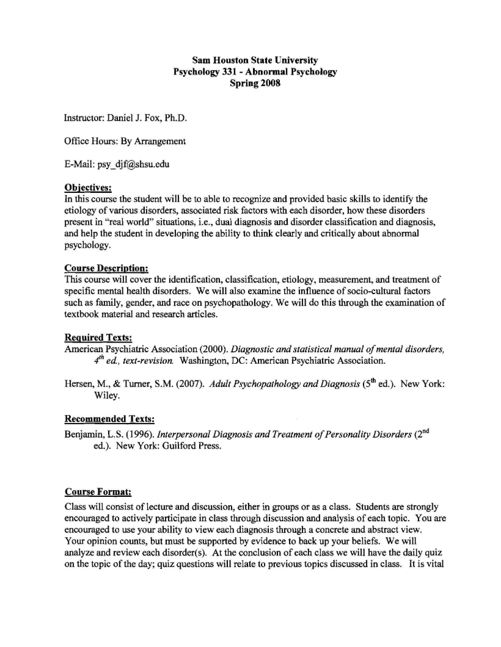 Syllabus Abnormal Psychology