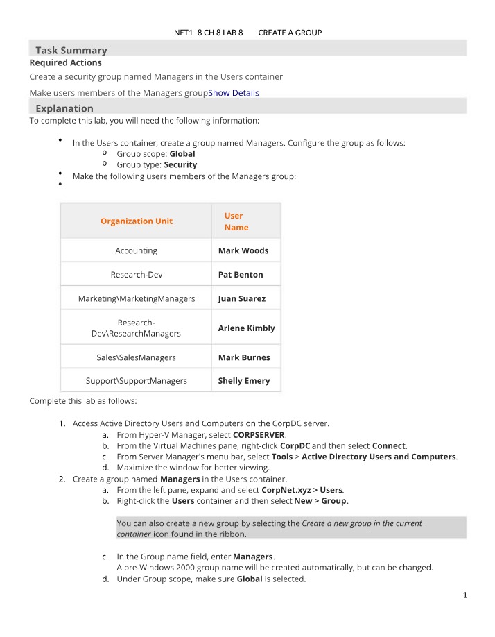 NET128 Lab 8.2.7 - Create a Group