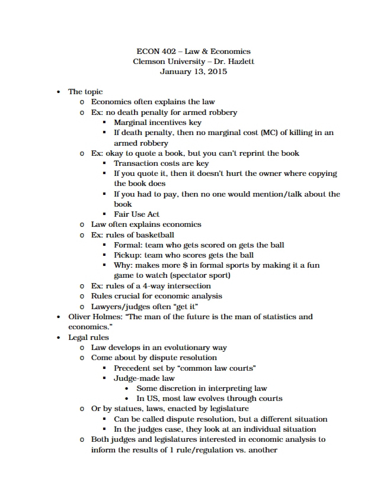 Notes on Law and Economics Lectures