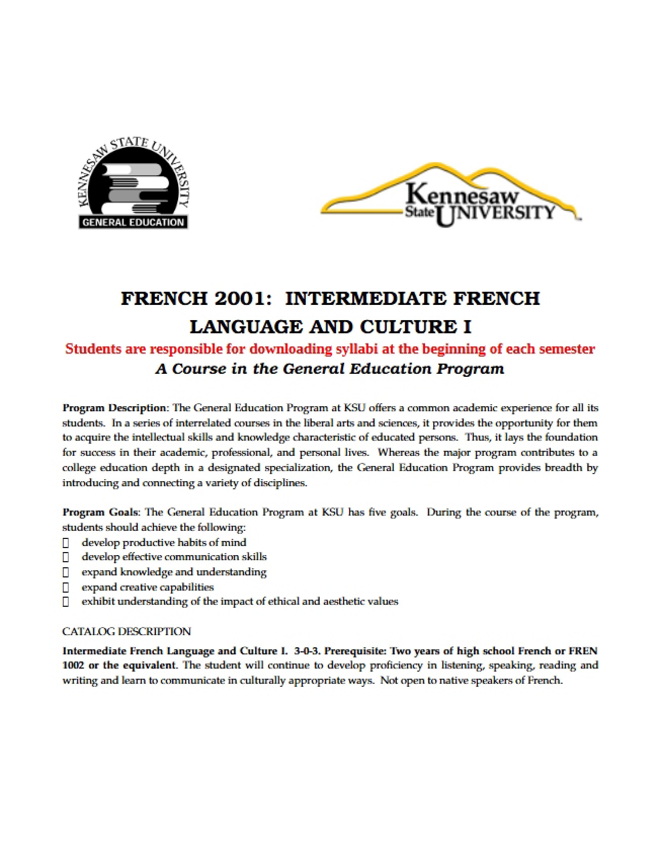 Course Outline for French Intermediate One - 16 Pages