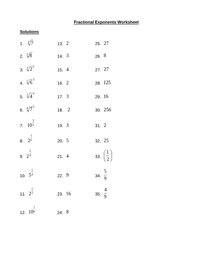 Fractional Exponents Worksheet - Answer Key