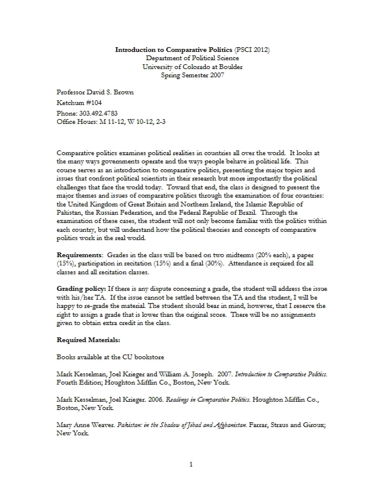 Comparative Politics Introduction Syllabus